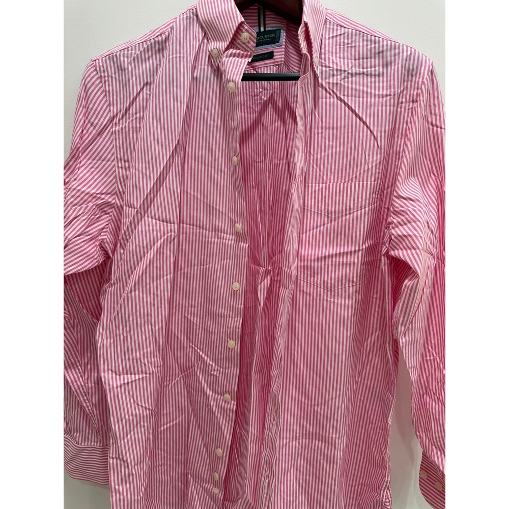 Kent & Curwen Mens Pink White Striped Button Down Shirt Classic Fit Large L